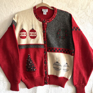 VTG Blueberry Woolens Sweater Cardigan S Christmas Tree Buttons Wool